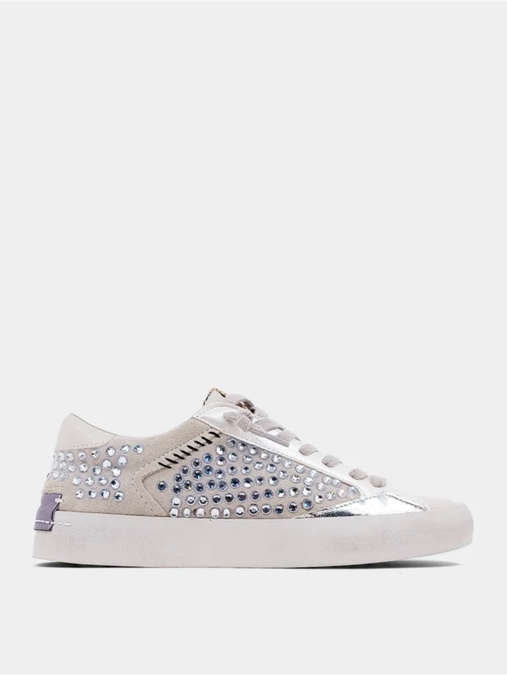 ShuShop Women's Crystal-Studded Low-Top Sneakers in Light Beige and Silver